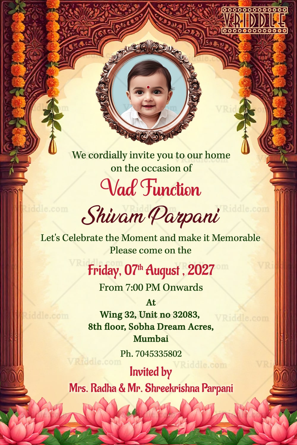 Royal Arch Vad Function Invitation with Baby Add Photo Option & Lotus Flower