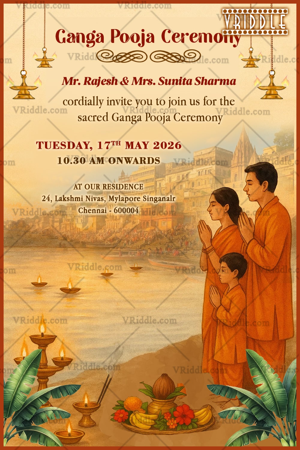 Sacred Ganga Pooja Ceremony Invitation with Family and Floating Diyas
