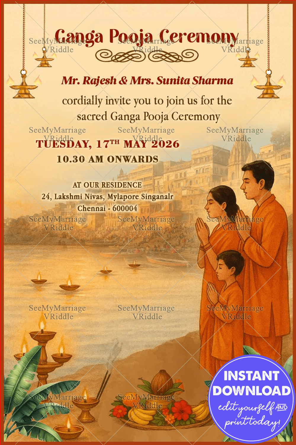 Sacred Ganga Pooja Ceremony Invitation with Family and Floating Diyas