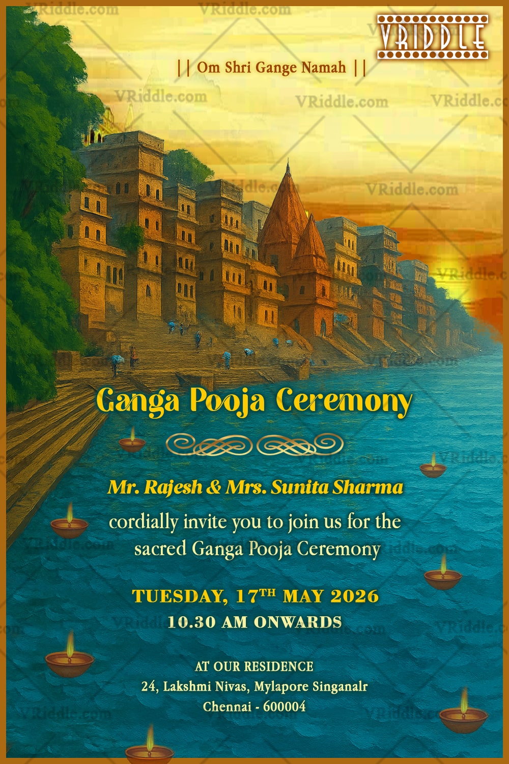 Sacred Ganga Pooja Ceremony Invitation with Sunset Ghats and Floating Diyas