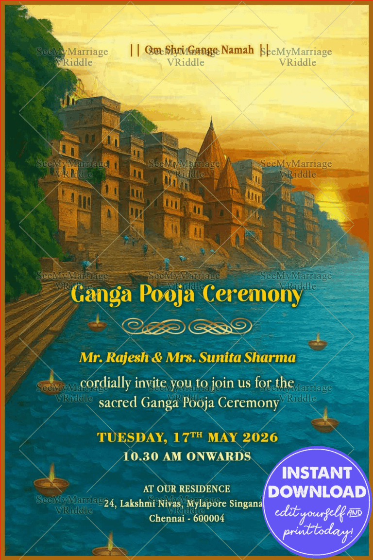 Sacred Ganga Pooja Ceremony Invitation with Sunset Ghats and Floating Diyas