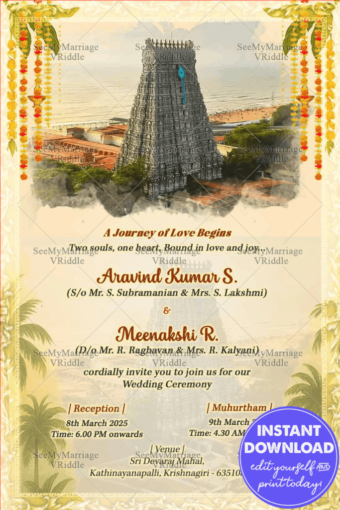 Sacred Temple Wedding Invitation with Majestic Gopuram, Traditional Garlands, and Divine Elegance