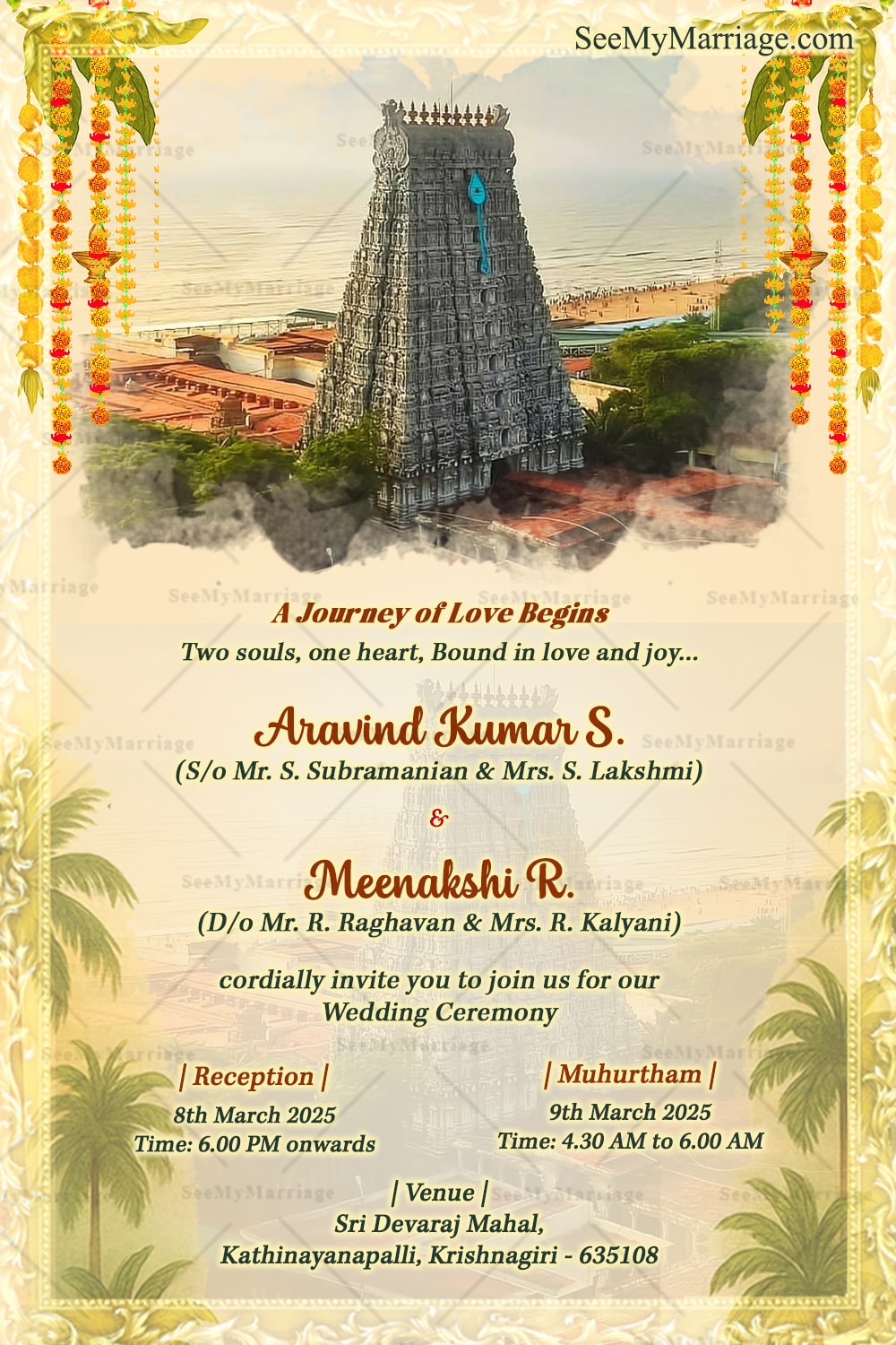 Sacred Temple Wedding Invitation with Majestic Gopuram, Traditional Garlands, and Divine Elegance