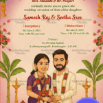 Sacrosanct South Indian Wedding Invitation with Illustrative Couple and Divine Motifs, Adorned with Marigold Garlands