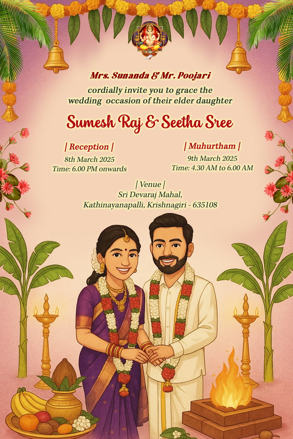 Sacrosanct South Indian Wedding Invitation with Illustrative Couple and Divine Motifs, Adorned with Marigold Garlands