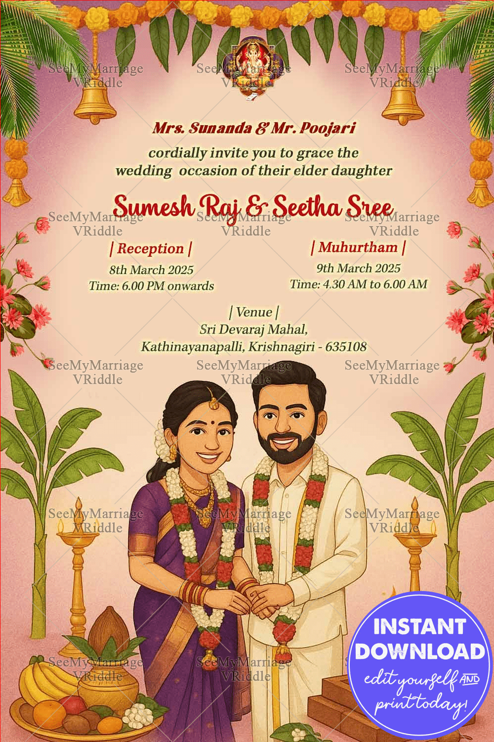 Sacrosanct South Indian Wedding Invitation with Illustrative Couple and Divine Motifs, Adorned with Marigold Garlands