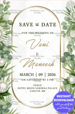 Save the Date A Botanical Wedding Invitation with Lush Eucalyptus, White Protea Blooms & Golden Arch Detailing