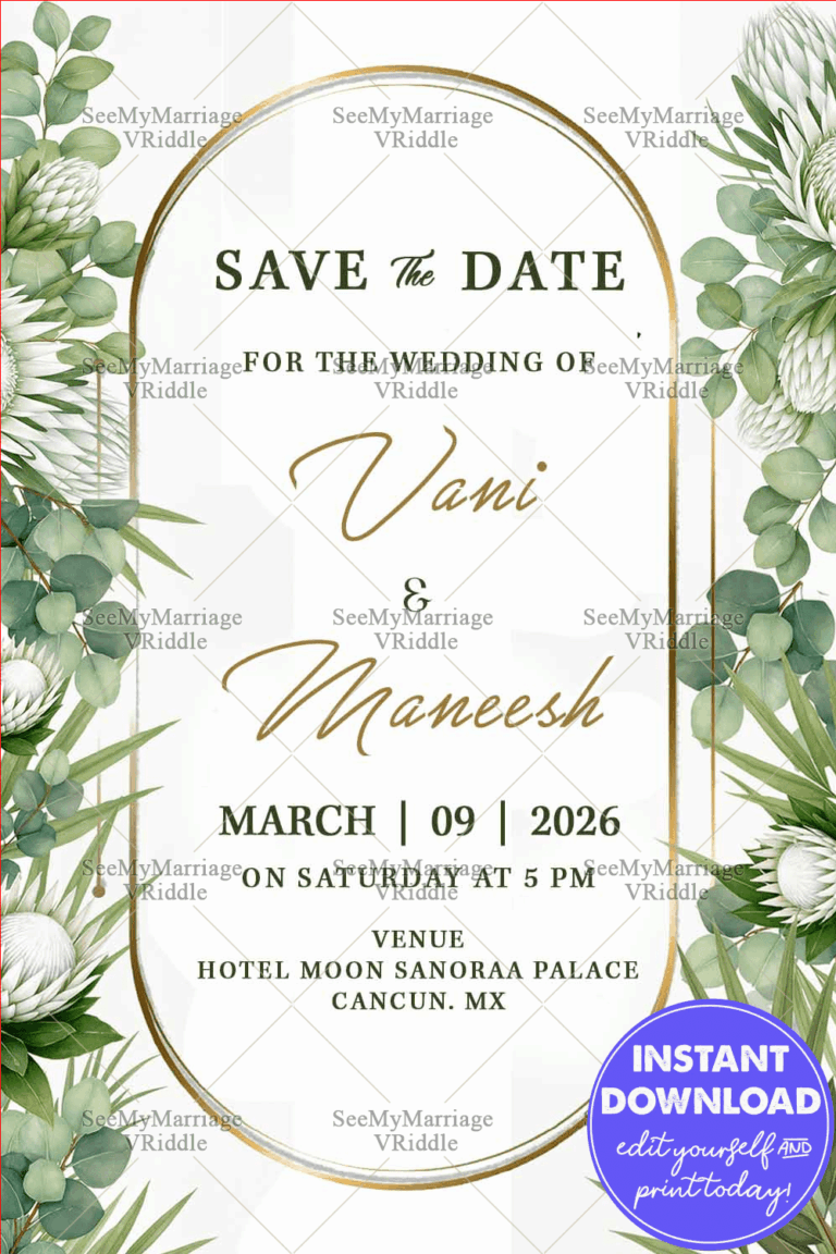 Save the Date A Botanical Wedding Invitation with Lush Eucalyptus, White Protea Blooms & Golden Arch Detailing