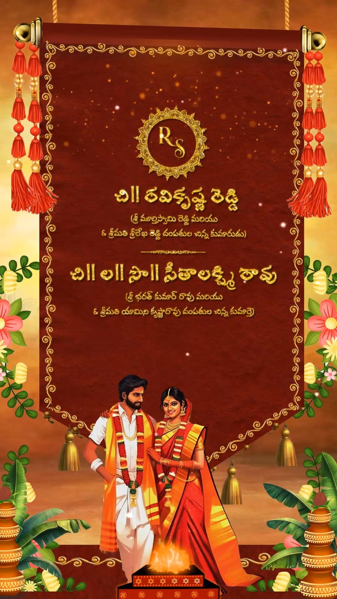 Scroll Telugu Wedding Invitation Video With Traditional Bride-Groom Illustration and Reception