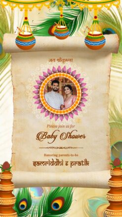 Scroll and Krishna Theme Baby Shower Invitation Video with Add Image and Peacock Feathers