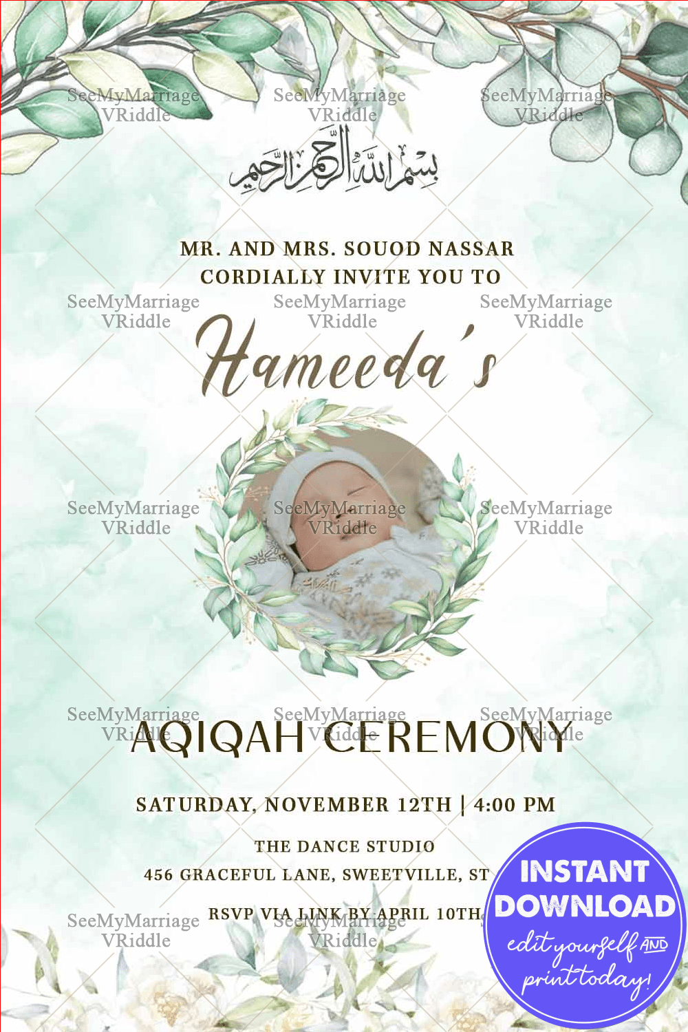 Serene Greenery Aqiqah Invitation with Baby Add Photo Option and Soft Watercolor Details