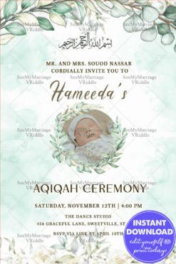 Serene Greenery Aqiqah Invitation with Baby Add Photo Option and Soft Watercolor Details
