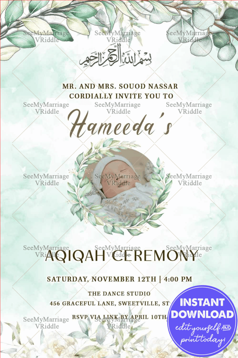 Serene Greenery Aqiqah Invitation with Baby Add Photo Option and Soft Watercolor Details
