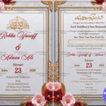 Silver and Gold Frame Malay Muslim Wedding Invitation Card with Red and Pink Flowers