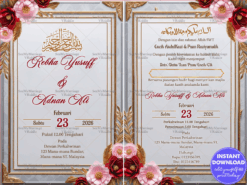 Silver and Gold Frame Malay Muslim Wedding Invitation Card with Red and Pink Flowers