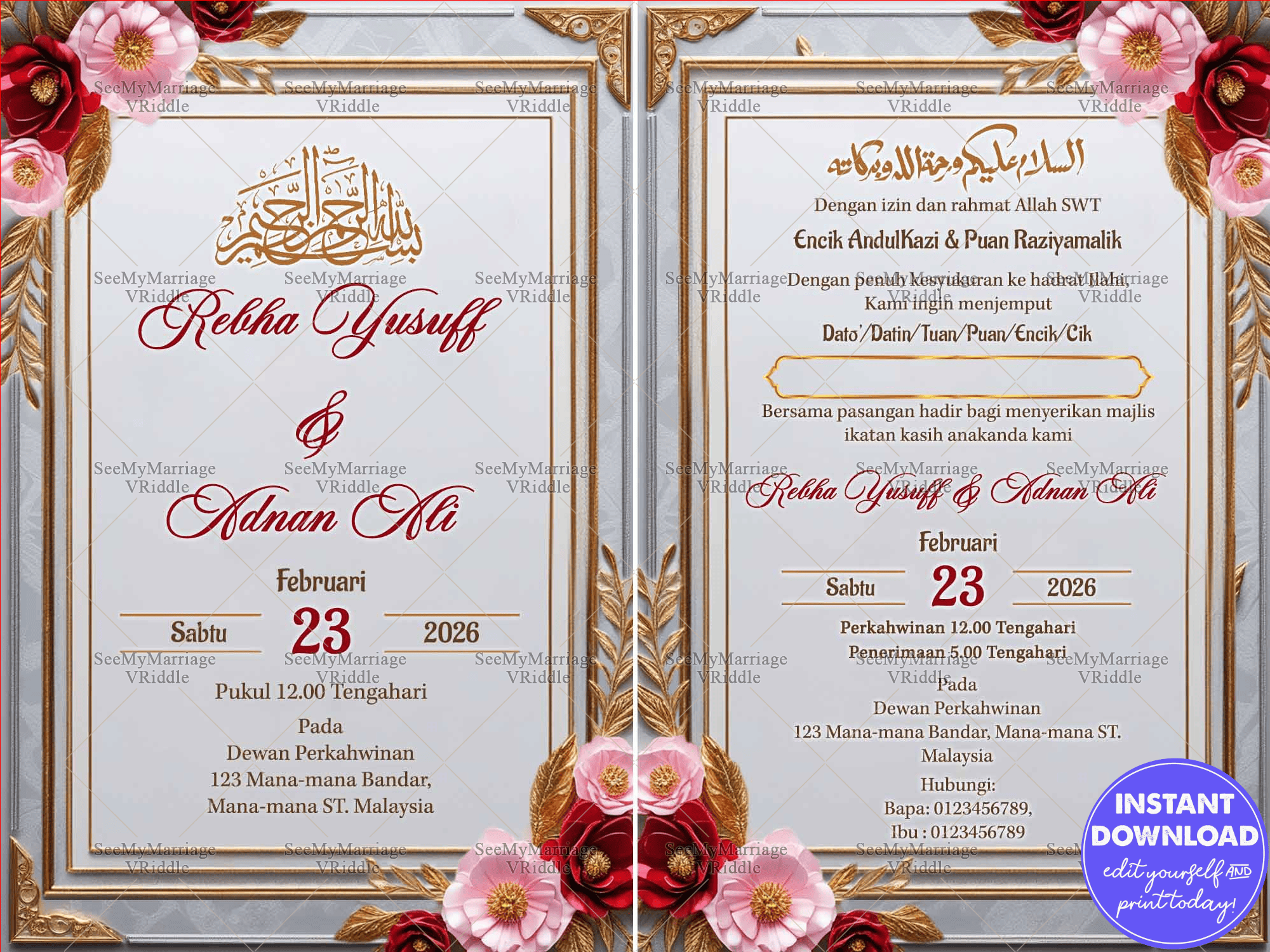 Silver and Gold Frame Malay Muslim Wedding Invitation Card with Red and Pink Flowers