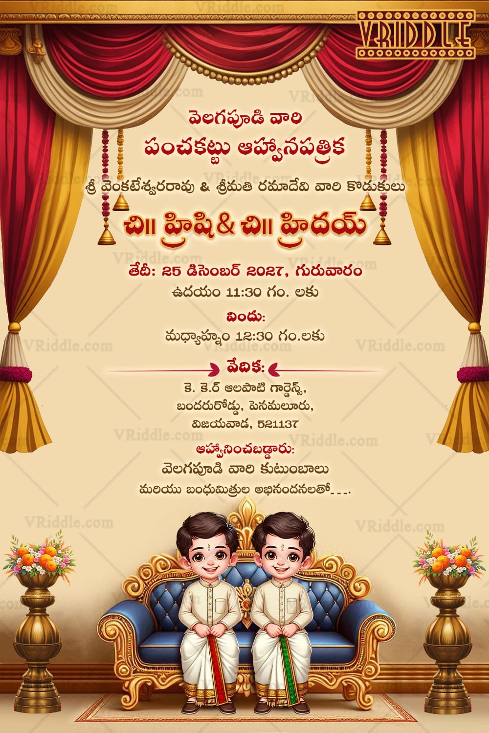 Sofa Twin Boys Telugu Panchakattu Invitation Card with Red curtains Background