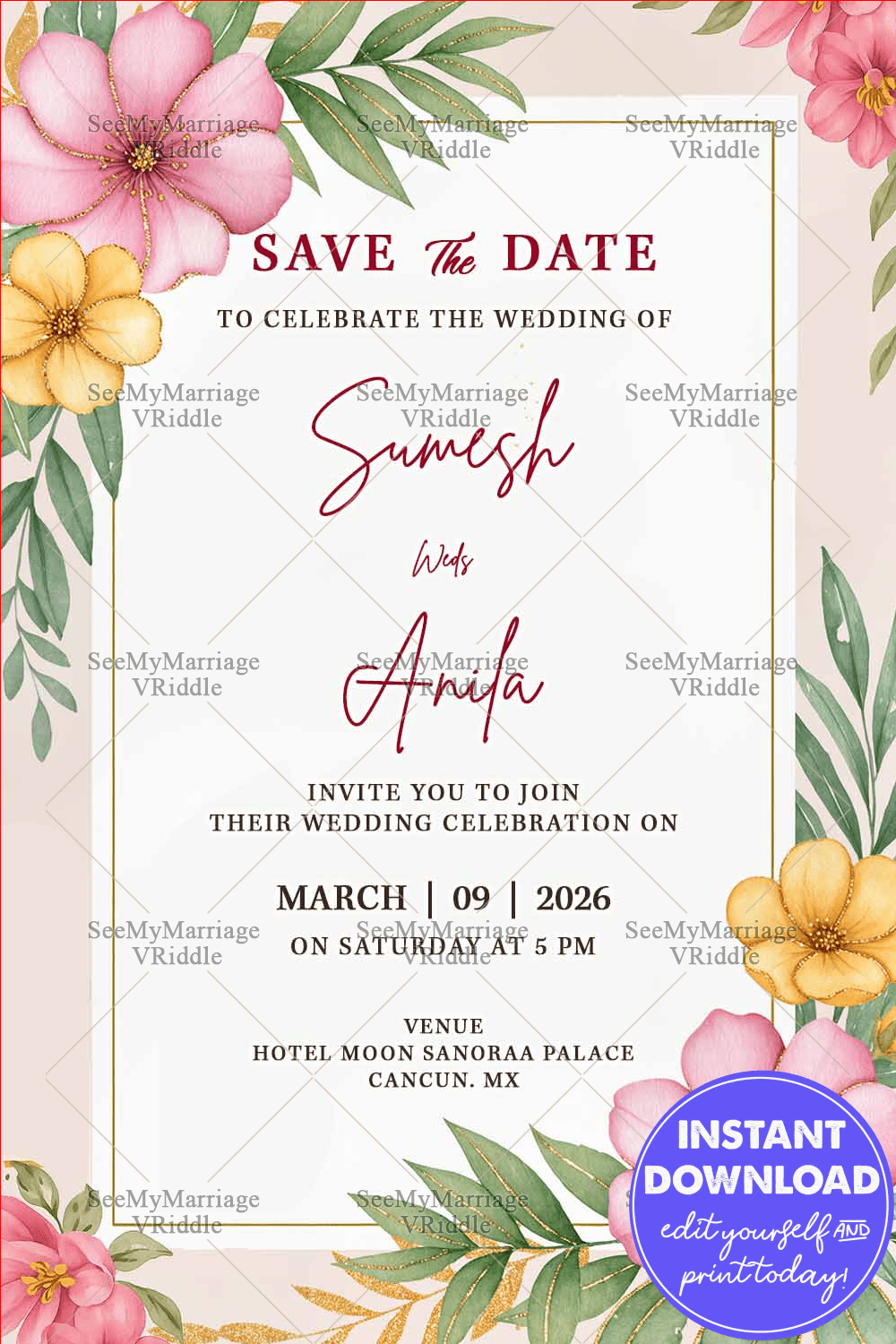 Soft Pastel Floral Wedding Invitation with Elegant Watercolor Pink Blooms and Minimal Layout