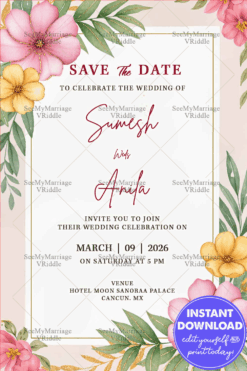 Soft Pastel Floral Wedding Invitation with Elegant Watercolor Pink Blooms and Minimal Layout