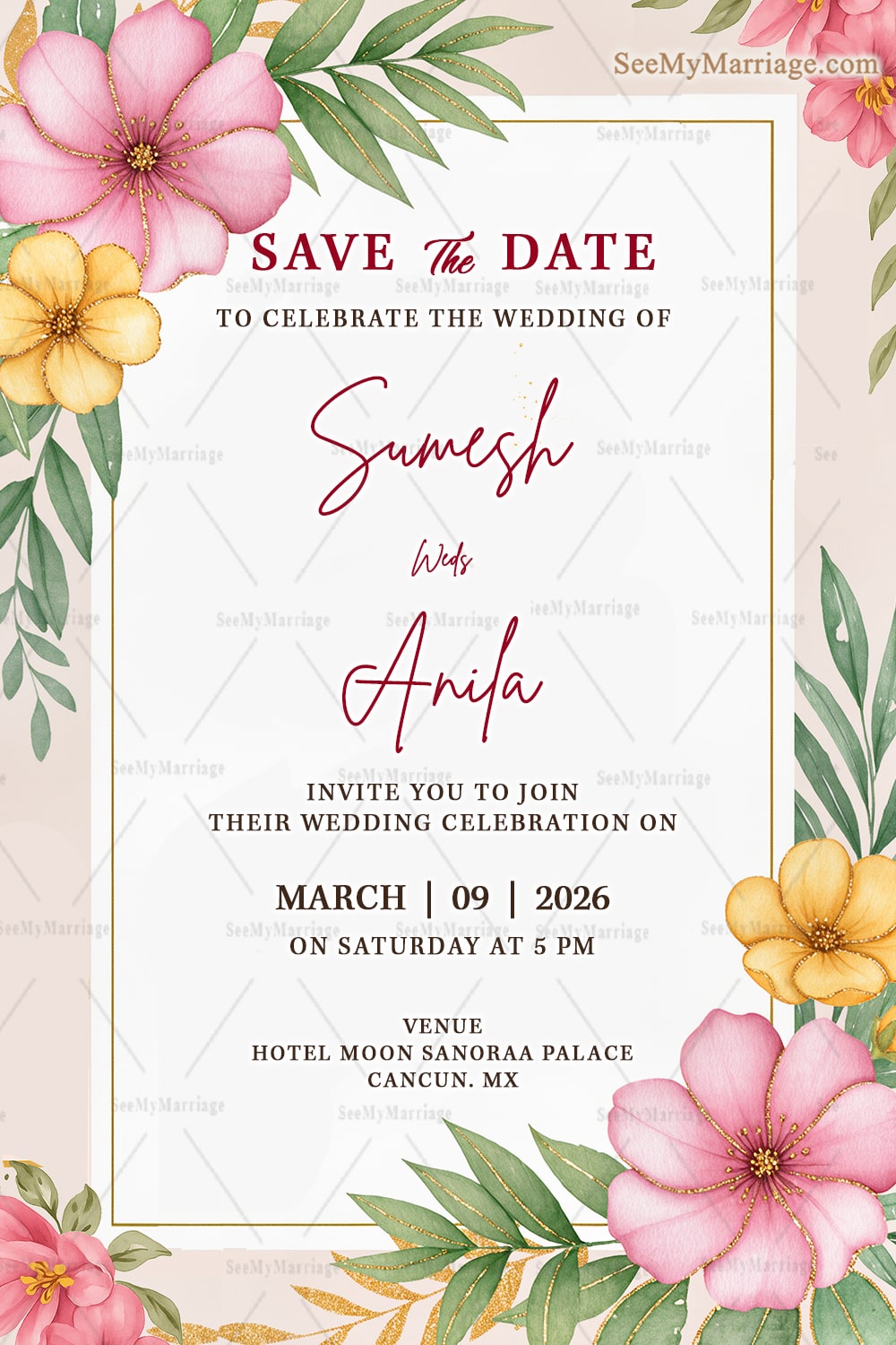 Soft Pastel Floral Wedding Invitation with Elegant Watercolor Pink Blooms and Minimal Layout