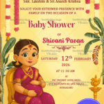 South Indian Baby Shower Invitation with Ghibli-Style Art, Floral Garlands, and Traditional Decor