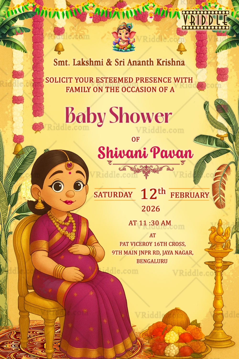 South Indian Baby Shower Invitation with Ghibli-Style Art, Floral Garlands, and Traditional Decor