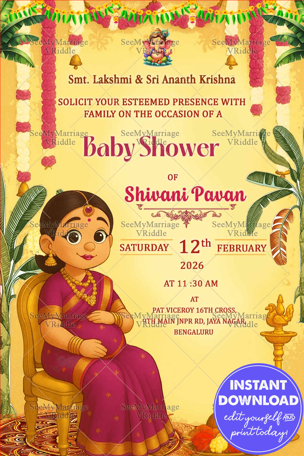 South Indian Baby Shower Invitation with Ghibli-Style Art, Floral Garlands, and Traditional Decor