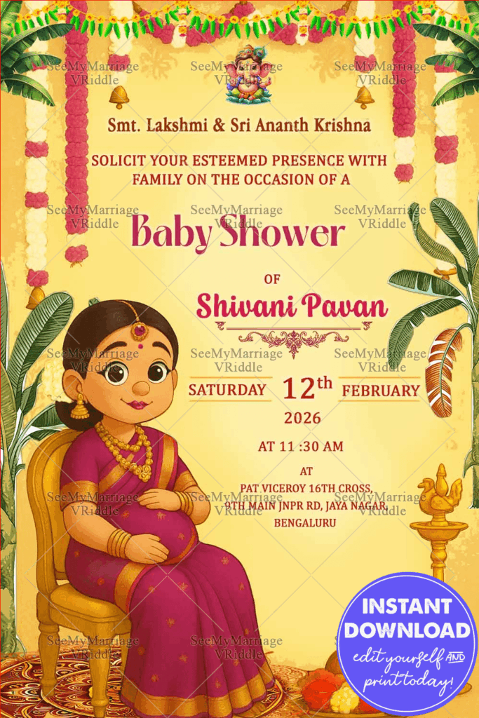 South Indian Baby Shower Invitation with Ghibli-Style Art, Floral Garlands, and Traditional Decor