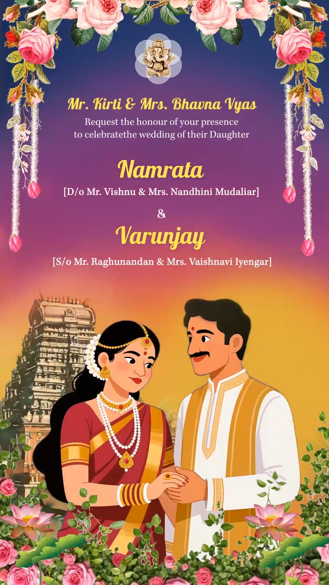 South Indian Couple Wedding Invitation Video with Temple Background, Floral Decor and Reception