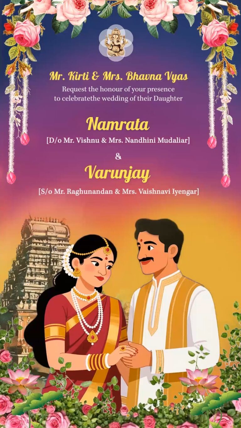 South Indian Couple Wedding Invitation Video with Temple Background, Floral Decor and Reception