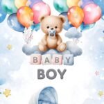 Teddy Cloud Baby Boy Announcement Video with Balloons and Cradle Illustration