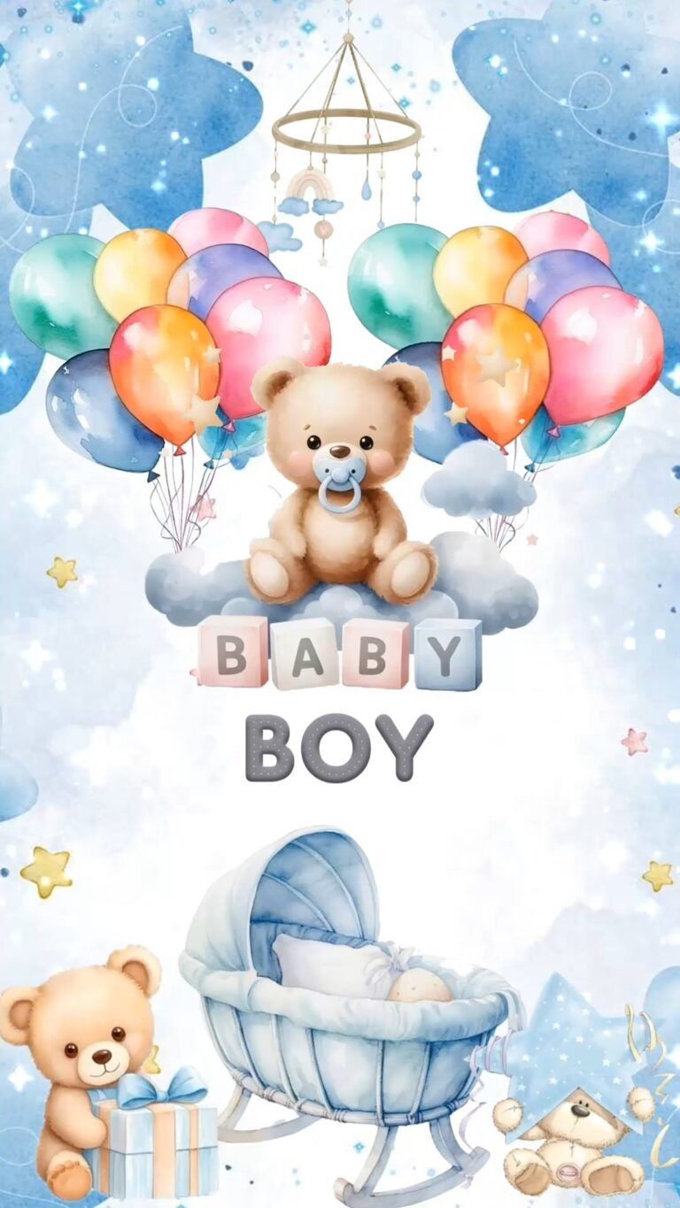 Teddy Cloud Baby Boy Announcement Video with Balloons and Cradle Illustration