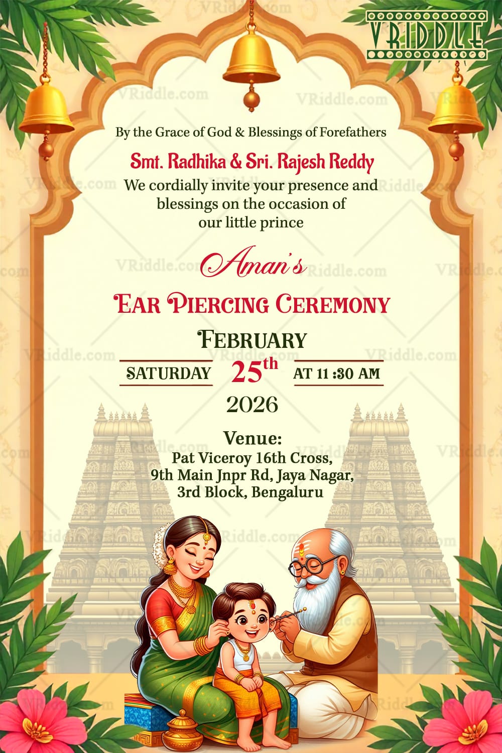 Temple Illustration Traditional Ear Piercing Ceremony Invitation Card with Baby Boy and Hindu Ritual Elements