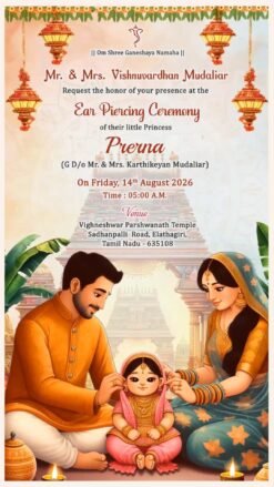 Temple Illustration Traditional Ear Piercing Invitation Video with Family Artwork and Festive Decor