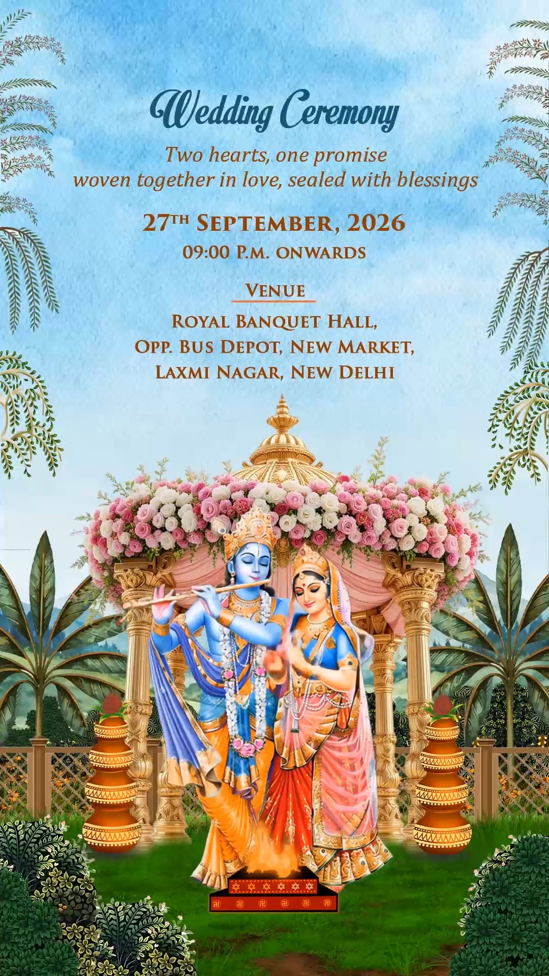Timeless Love in Vrindavan Hindu Wedding Invitation Video with Radha Krishna Illustration and Ganesh Puja, Tilak, Sangeet, Haldi