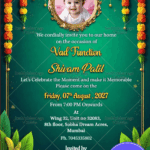 Vad Function Invitation with Baby Add Photo Option, Floral Garland and Festive Green Backdrop