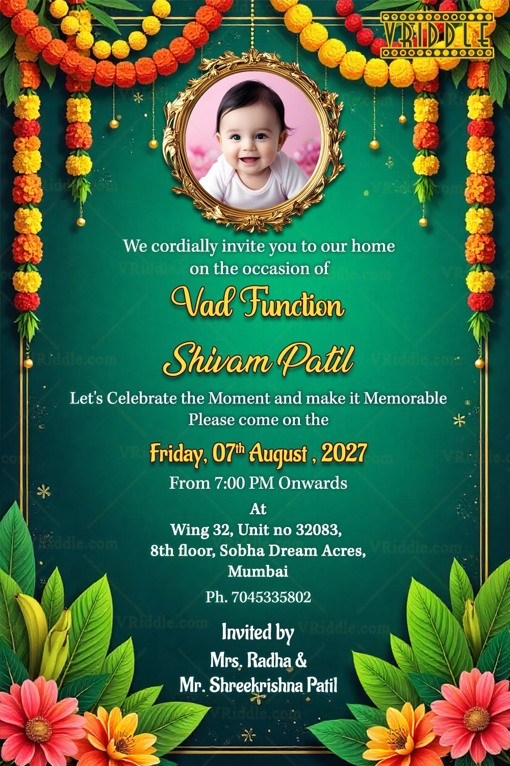 Vad Function Invitation with Baby Add Photo Option, Floral Garland and Festive Green Backdrop