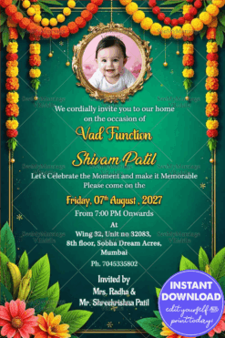 Vad Function Invitation with Baby Add Photo Option, Floral Garland and Festive Green Backdrop
