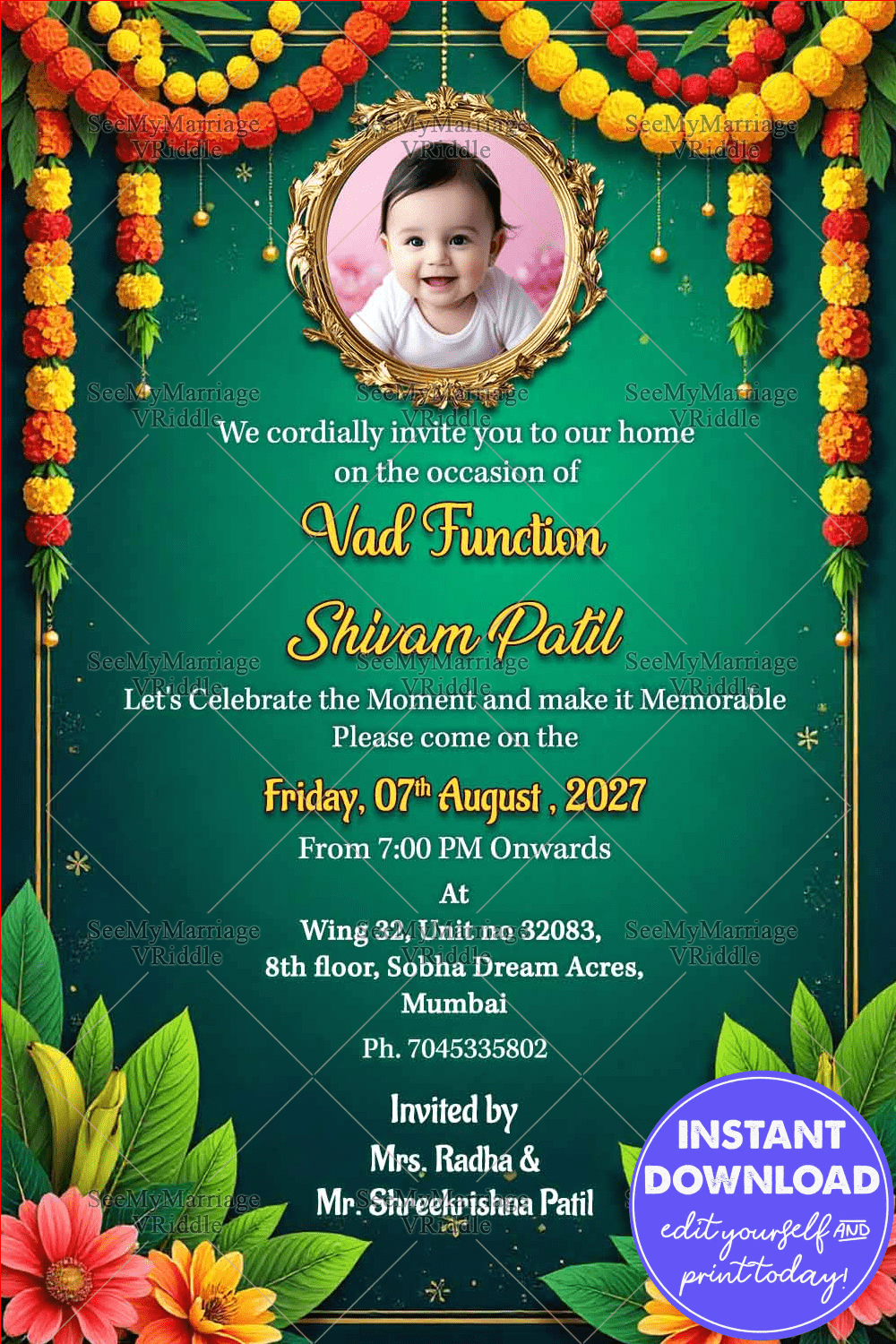 Vad Function Invitation with Baby Add Photo Option, Floral Garland and Festive Green Backdrop