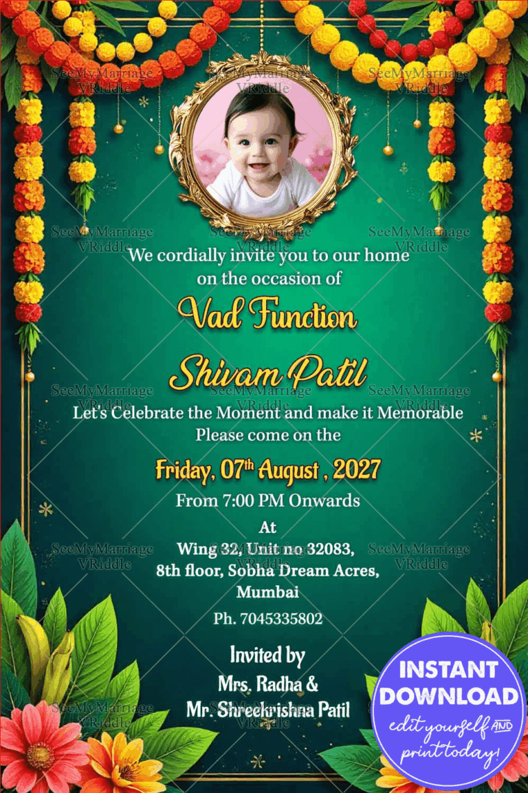 Vad Function Invitation with Baby Add Photo Option, Floral Garland and Festive Green Backdrop