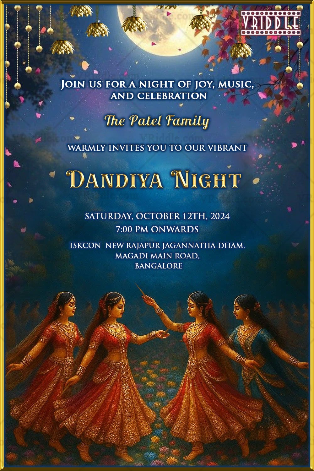 Moonlit Dandiya Invitation Card Navratri Night with Traditional Garba Girls Dance Vibes
