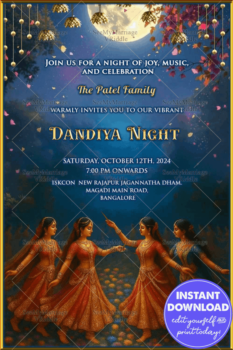Moonlit Dandiya Invitation Card Navratri Night with Traditional Garba Girls Dance Vibes