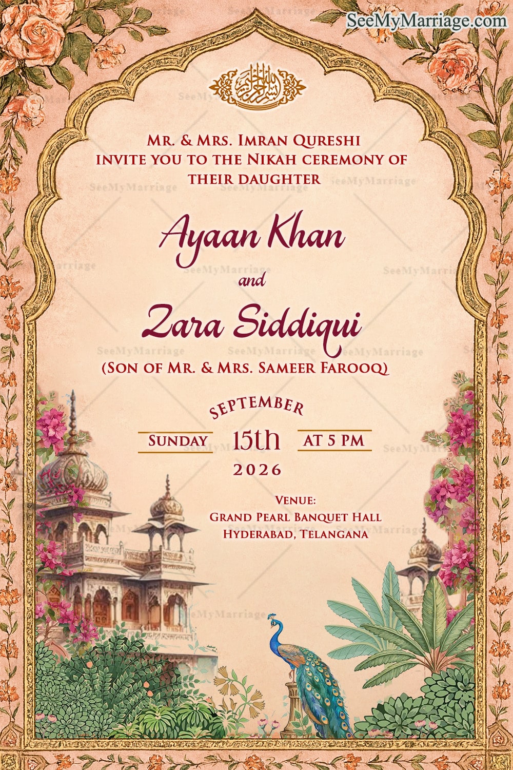 Vintage Nikah Save The Date Invitation with Islamic Motifs, Floral Borders with Peacock and Mughal Palace