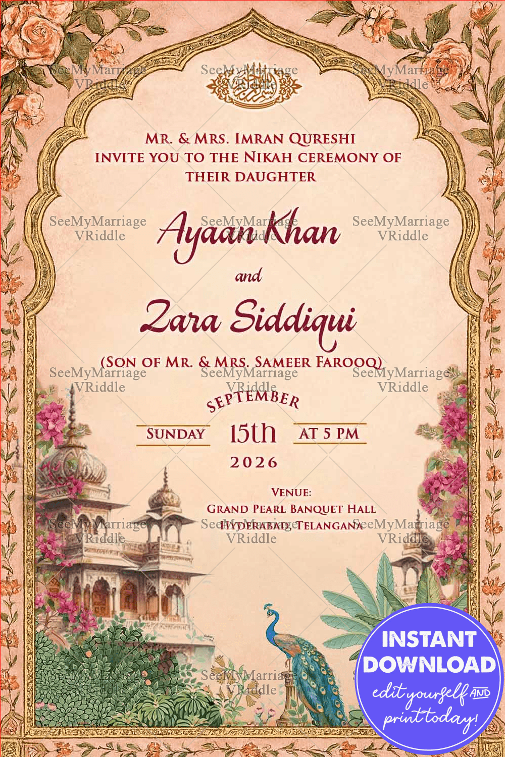 Vintage Nikah Save The Date Invitation with Islamic Motifs, Floral Borders with Peacock and Mughal Palace