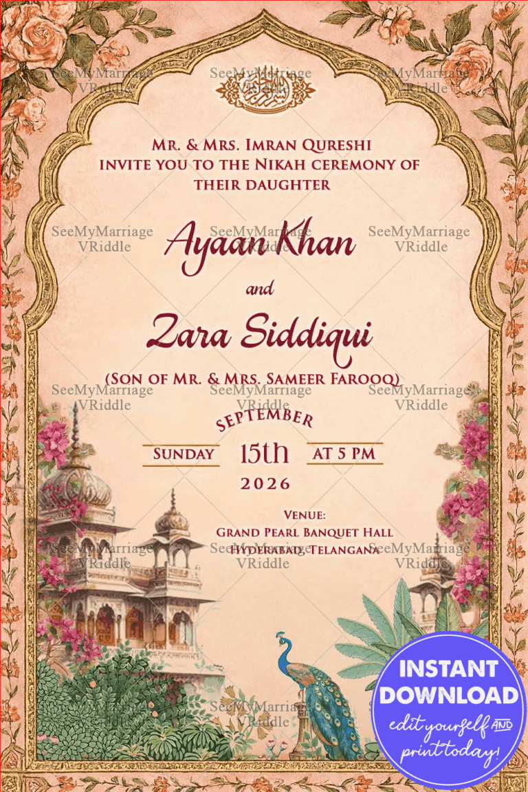 Vintage Nikah Save The Date Invitation with Islamic Motifs, Floral Borders with Peacock and Mughal Palace