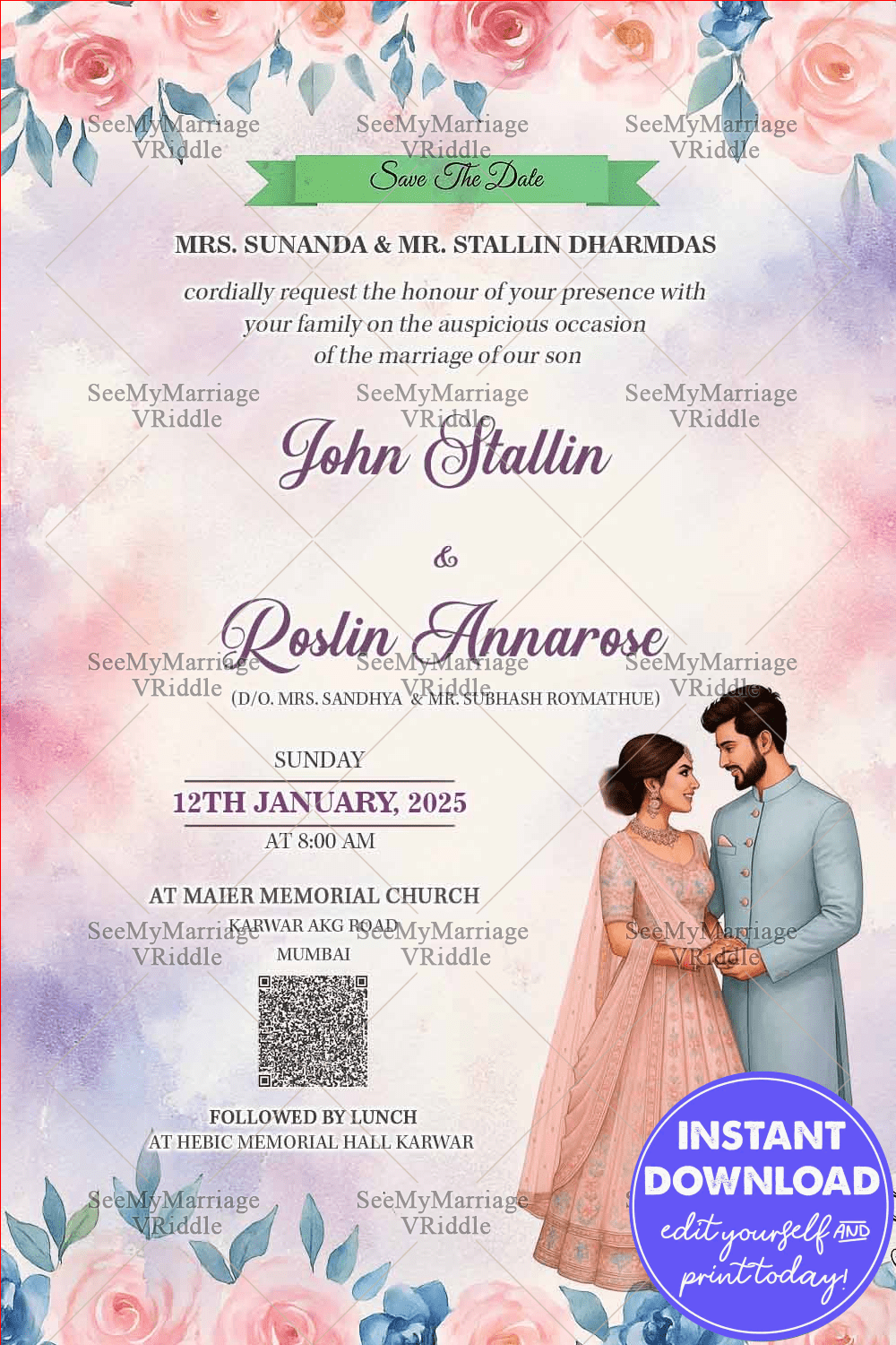 Watercolor Save the Date Wedding Invitation with Romantic Couple Illustration Pastel Floral Accents