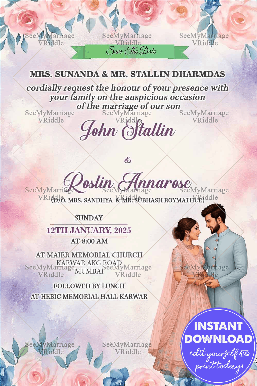 Watercolor Save the Date Wedding Invitation with Romantic Couple Illustration Pastel Floral Accents