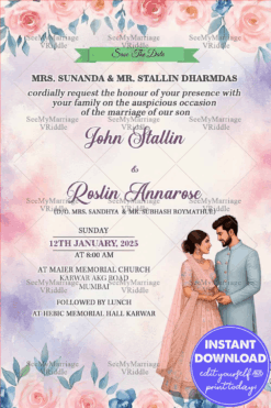 Watercolor Save the Date Wedding Invitation with Romantic Couple Illustration Pastel Floral Accents