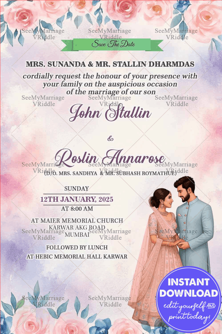 Watercolor Save the Date Wedding Invitation with Romantic Couple Illustration Pastel Floral Accents