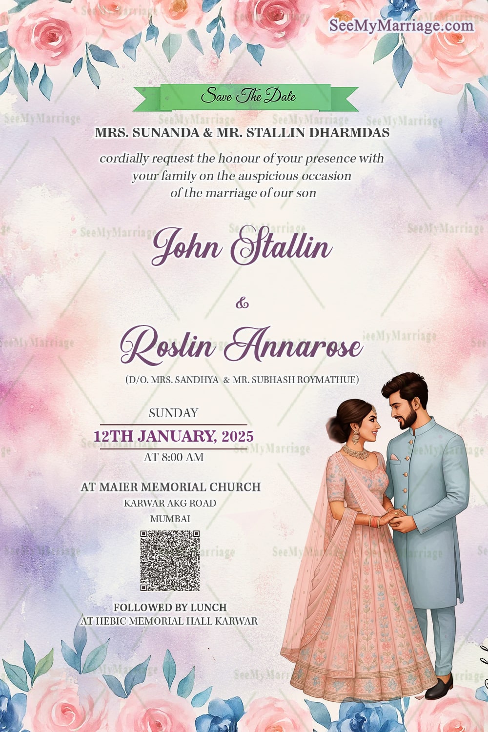 Watercolor Save the Date Wedding Invitation with Romantic Couple Illustration Pastel Floral Accents